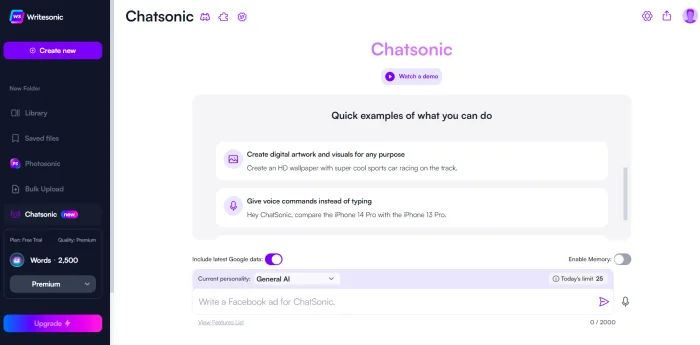 ChatSonic input page
